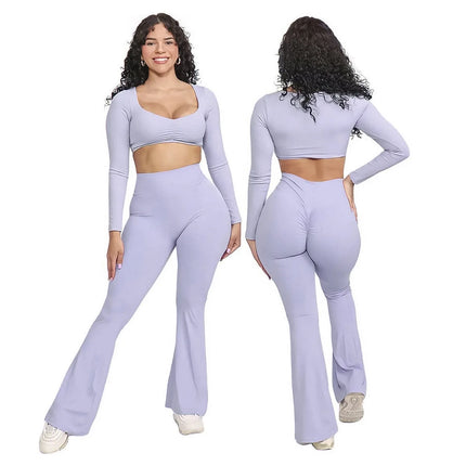Women's Y2K 2-Piece Yoga Outfits Breathable Crop Tops & Long Sleeve Yoga Pants with Soft Solid Pattern for Lounge or Workout