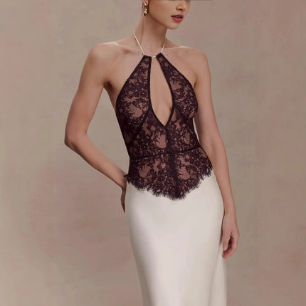 Summer Dress 2026 Fashion Trend Women Luxurious Satin Lace Halter Neck Slip Dress Elegant Bodycon Waist-Cinching Design Readyaya