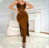 Summer Fashion Embroidery Hollow Fishbone Corset Suspender Slit Sexy Solid Color Ladies Backless Dress Evening Gown