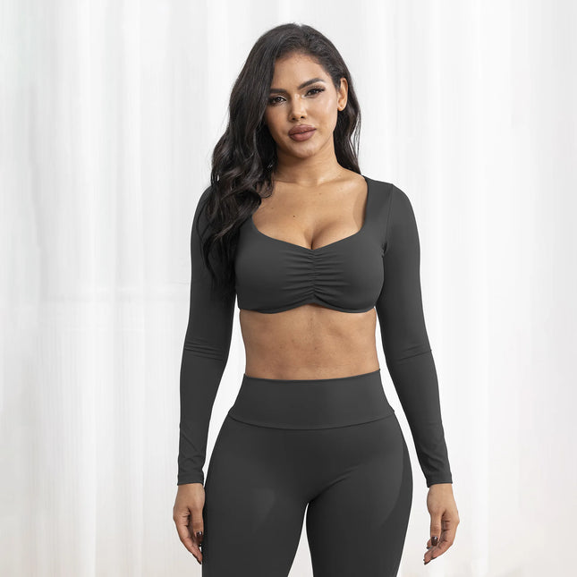 Women's Y2K 2-Piece Yoga Outfits Breathable Crop Tops & Long Sleeve Yoga Pants with Soft Solid Pattern for Lounge or Workout