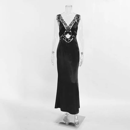 OUDINA Trendy Boutique Clothing Casual Sleeveless Hollow Lace   Women Lady Elegant Long Party Dresses