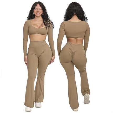 Women's Y2K 2-Piece Yoga Outfits Breathable Crop Tops & Long Sleeve Yoga Pants with Soft Solid Pattern for Lounge or Workout