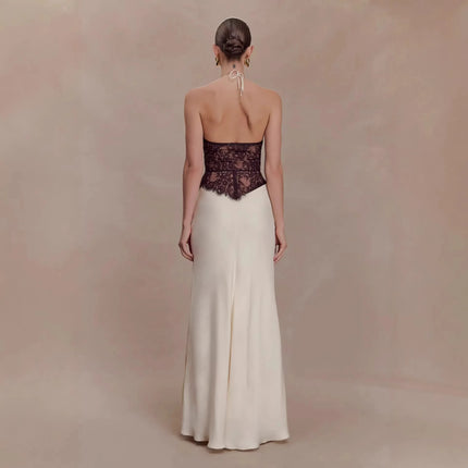 Summer Dress 2026 Fashion Trend Women Luxurious Satin Lace Halter Neck Slip Dress Elegant Bodycon Waist-Cinching Design Readyaya