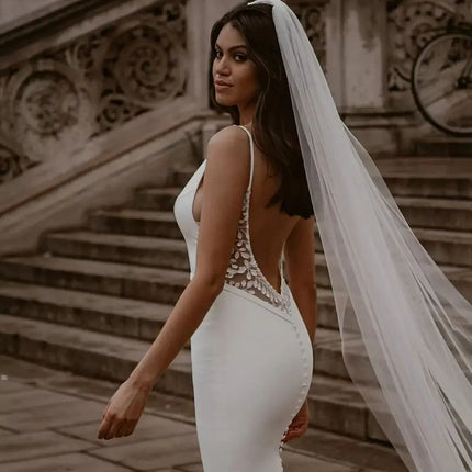 10558# Real Photos V-neck Backless Illusion Sleeves Mermaid Lace Wedding Dress for Women Bridal Gown With Sweep Train Custom