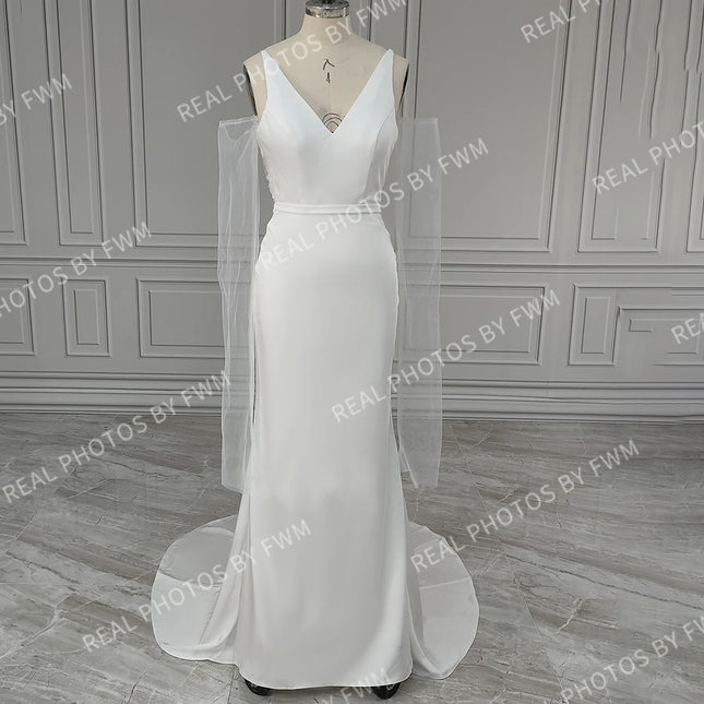 10558# Real Photos V-neck Backless Illusion Sleeves Mermaid Lace Wedding Dress for Women Bridal Gown With Sweep Train Custom