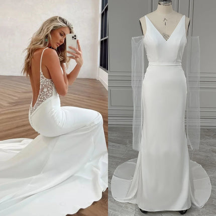 10558# Real Photos V-neck Backless Illusion Sleeves Mermaid Lace Wedding Dress for Women Bridal Gown With Sweep Train Custom