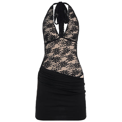 Women's Sexy Lace Patchwork Halter Bodycon Mini Dress with Pleated Hem Deep V Neck Backless Sheer Floral Mesh Clubwear