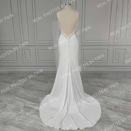 10558# Real Photos V-neck Backless Illusion Sleeves Mermaid Lace Wedding Dress for Women Bridal Gown With Sweep Train Custom