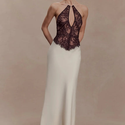 Summer Dress 2026 Fashion Trend Women Luxurious Satin Lace Halter Neck Slip Dress Elegant Bodycon Waist-Cinching Design Readyaya