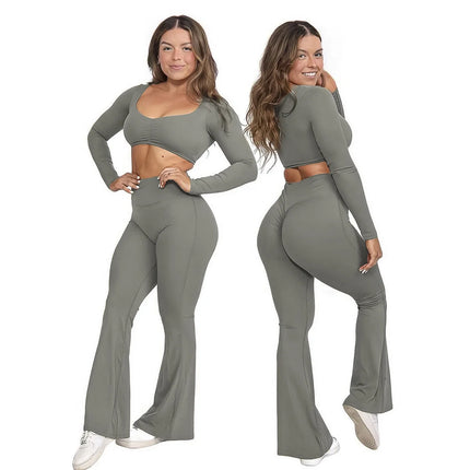 Women's Y2K 2-Piece Yoga Outfits Breathable Crop Tops & Long Sleeve Yoga Pants with Soft Solid Pattern for Lounge or Workout