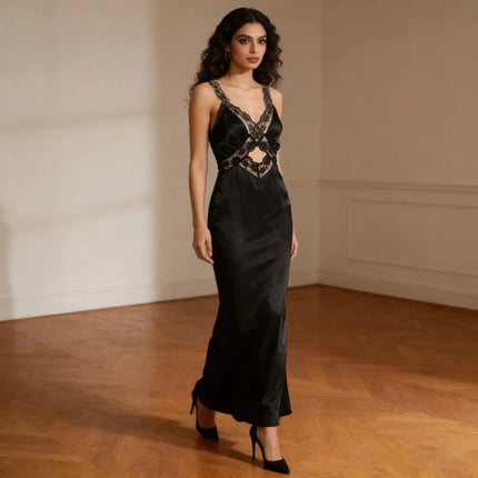 OUDINA Trendy Boutique Clothing Casual Sleeveless Hollow Lace   Women Lady Elegant Long Party Dresses