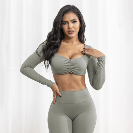 Women's Y2K 2-Piece Yoga Outfits Breathable Crop Tops & Long Sleeve Yoga Pants with Soft Solid Pattern for Lounge or Workout