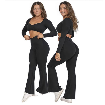 Women's Y2K 2-Piece Yoga Outfits Breathable Crop Tops & Long Sleeve Yoga Pants with Soft Solid Pattern for Lounge or Workout