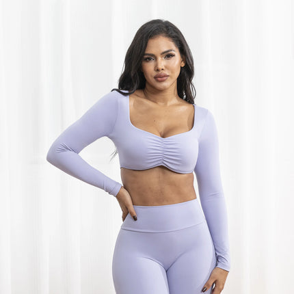 Women's Y2K 2-Piece Yoga Outfits Breathable Crop Tops & Long Sleeve Yoga Pants with Soft Solid Pattern for Lounge or Workout