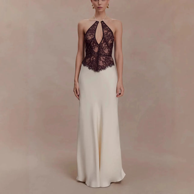 Summer Dress 2026 Fashion Trend Women Luxurious Satin Lace Halter Neck Slip Dress Elegant Bodycon Waist-Cinching Design Readyaya