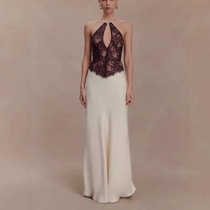 Summer Dress 2026 Fashion Trend Women Luxurious Satin Lace Halter Neck Slip Dress Elegant Bodycon Waist-Cinching Design Readyaya