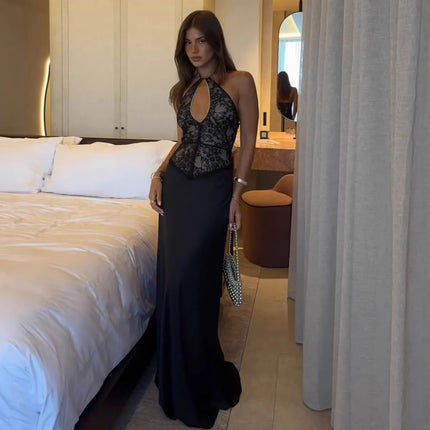 Summer Dress 2026 Fashion Trend Women Luxurious Satin Lace Halter Neck Slip Dress Elegant Bodycon Waist-Cinching Design Readyaya