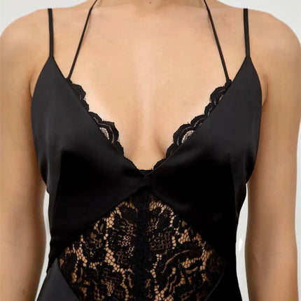 Tossy Sexy Lace Hollow Out Maxi Dress Female Backless Spaghetti Slim V-Neck Hollow Out Commute Dress Summer 2025 Halter Dresses