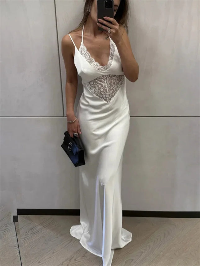 Tossy Sexy Lace Hollow Out Maxi Dress Female Backless Spaghetti Slim V-Neck Hollow Out Commute Dress Summer 2025 Halter Dresses