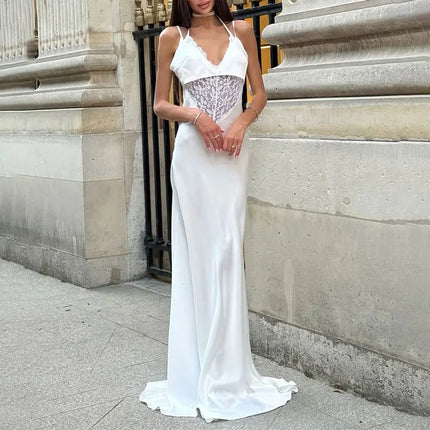 Tossy Sexy Lace Hollow Out Maxi Dress Female Backless Spaghetti Slim V-Neck Hollow Out Commute Dress Summer 2025 Halter Dresses
