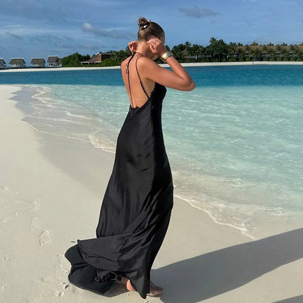 Sexy Backless Long Dress Women Elegant Lace Satin Sleeveless Beach Dresses For 2026 Summer Party Evening Dresses Vestidos