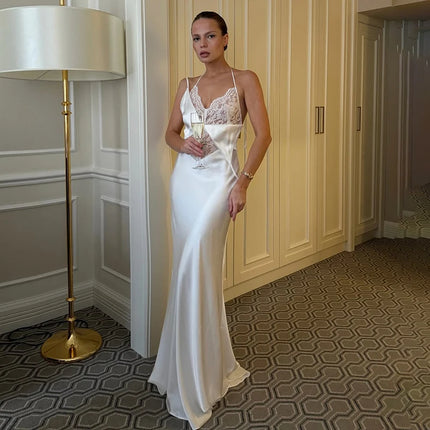 Sexy Backless Long Dress Women Elegant Lace Satin Sleeveless Beach Dresses For 2026 Summer Party Evening Dresses Vestidos