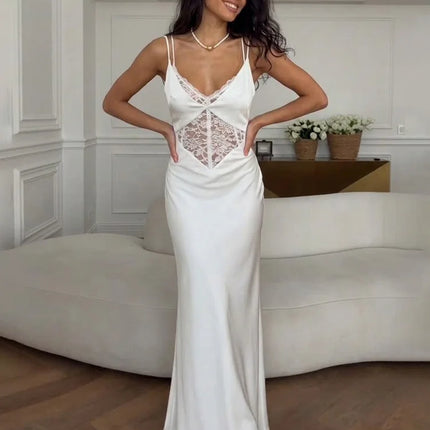 Tossy Sexy Lace Hollow Out Maxi Dress Female Backless Spaghetti Slim V-Neck Hollow Out Commute Dress Summer 2025 Halter Dresses