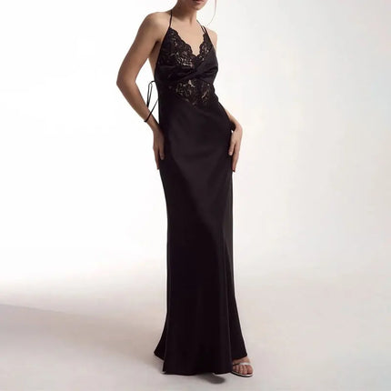 Tossy Sexy Lace Hollow Out Maxi Dress Female Backless Spaghetti Slim V-Neck Hollow Out Commute Dress Summer 2025 Halter Dresses