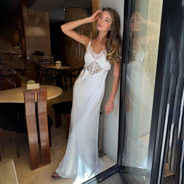 Sexy Backless Long Dress Women Elegant Lace Satin Sleeveless Beach Dresses For 2026 Summer Party Evening Dresses Vestidos