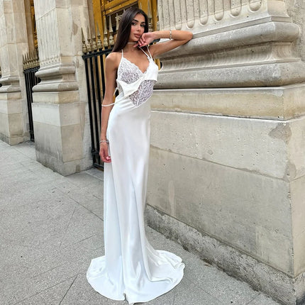 Sexy Backless Long Dress Women Elegant Lace Satin Sleeveless Beach Dresses For 2026 Summer Party Evening Dresses Vestidos