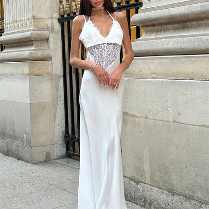 Tossy Sexy Lace Hollow Out Maxi Dress Female Backless Spaghetti Slim V-Neck Hollow Out Commute Dress Summer 2025 Halter Dresses