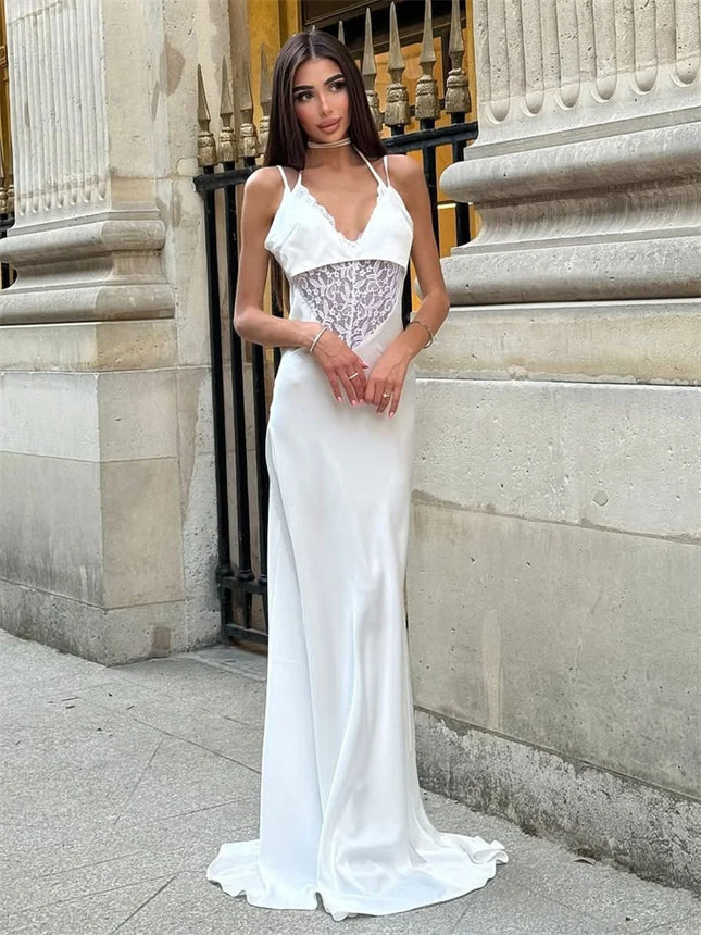 Tossy Sexy Lace Hollow Out Maxi Dress Female Backless Spaghetti Slim V-Neck Hollow Out Commute Dress Summer 2025 Halter Dresses