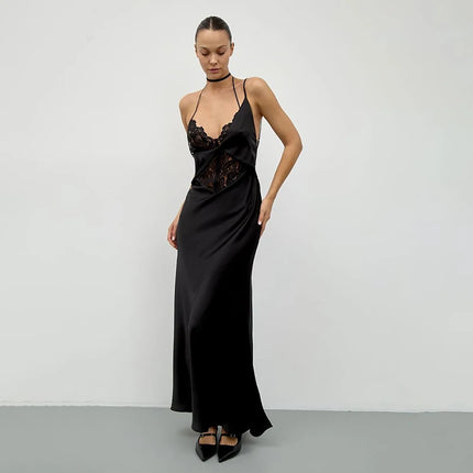 Sexy Backless Long Dress Women Elegant Lace Satin Sleeveless Beach Dresses For 2026 Summer Party Evening Dresses Vestidos